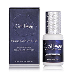GOLLEEPRO transparent eyelash glue bottle closeup highlighting fast-dry formula for salons.