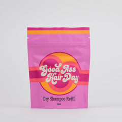 Good Ass Hair Day Dry Shampoo Refill (Dark) packaging ready for refill and travel