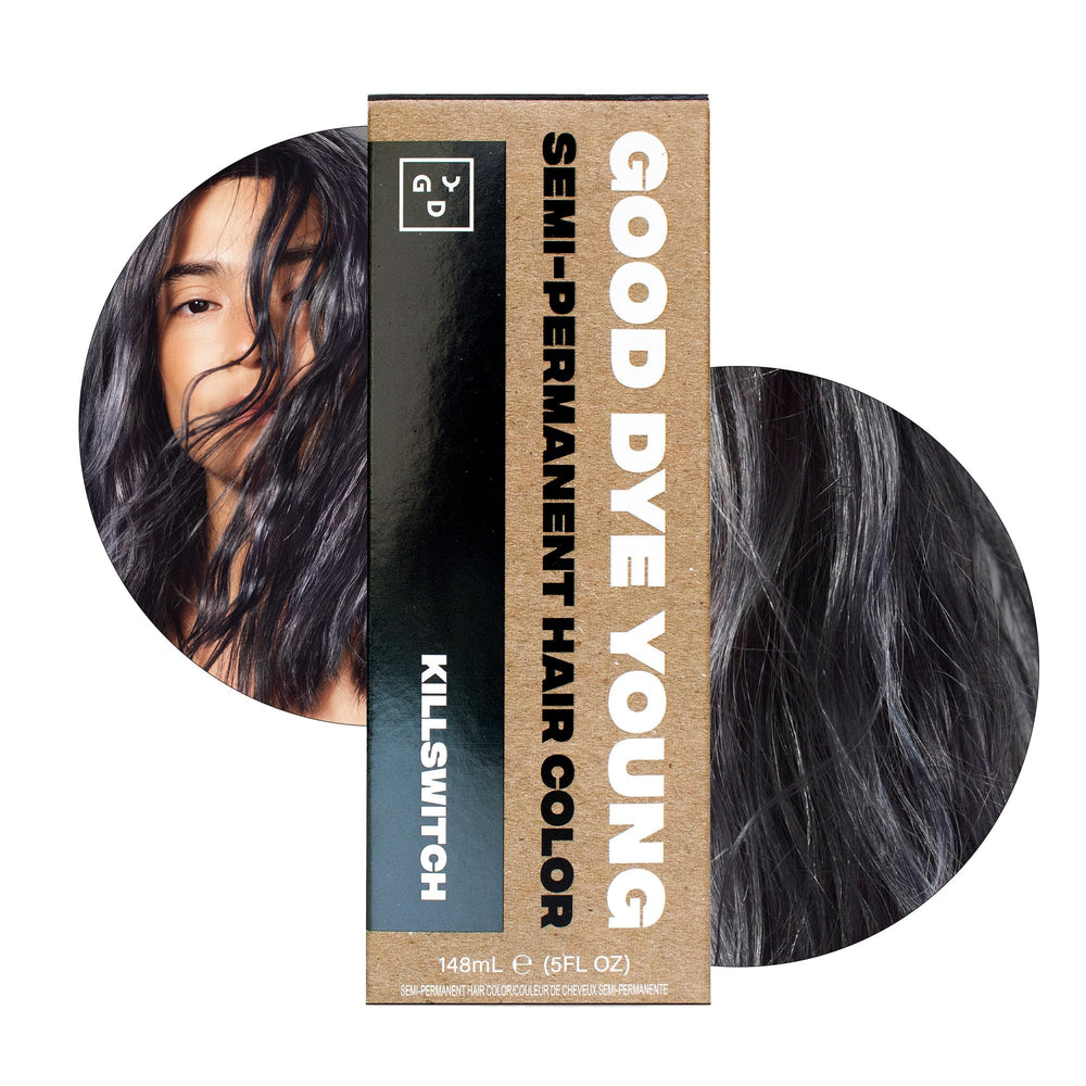 Good Dye Young killswitch gray bottle pour showing UV protection and vibrant color deposit.