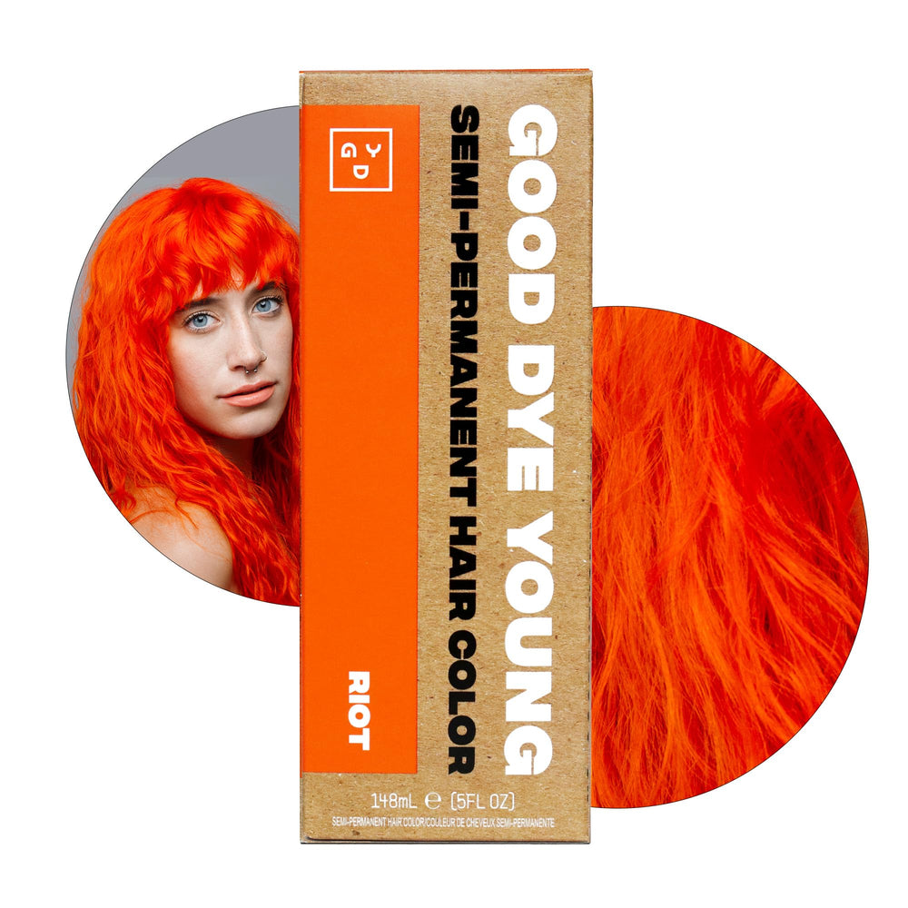 Good Dye Young Riot neon orange bottle showing vibrant semi-permanent color for bold looks