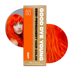 Good Dye Young Riot neon orange bottle showing vibrant semi-permanent color for bold looks
