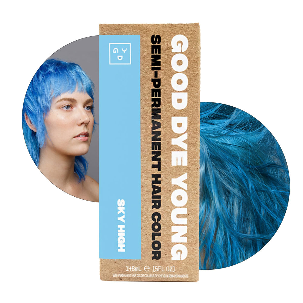 Good Dye Young Sky High blue hair dye bottle shows vibrant color for bold looks.