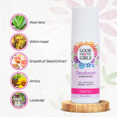 Good For You Girls vegan deodorant packaging emphasizing plant-based ingredients.