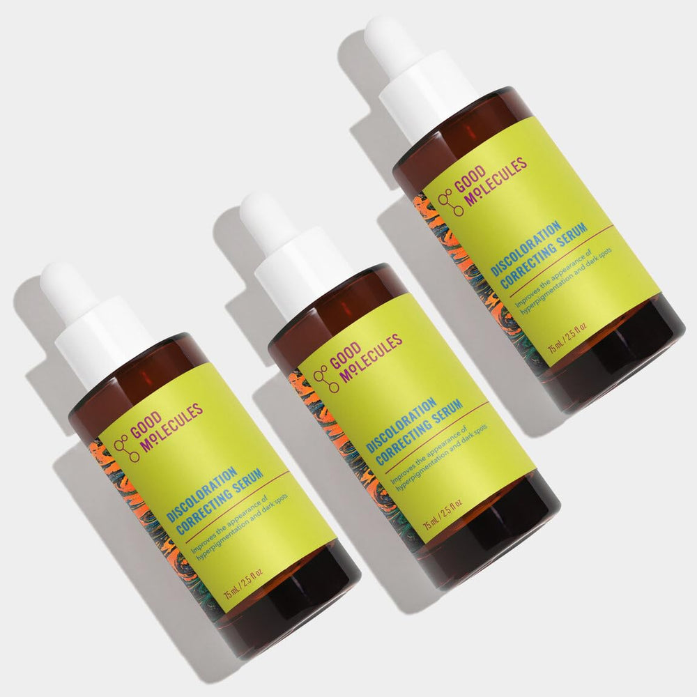 Good Molecules Discoloration Correcting Serum Pack 3 bottle front view promoting even skin tone.