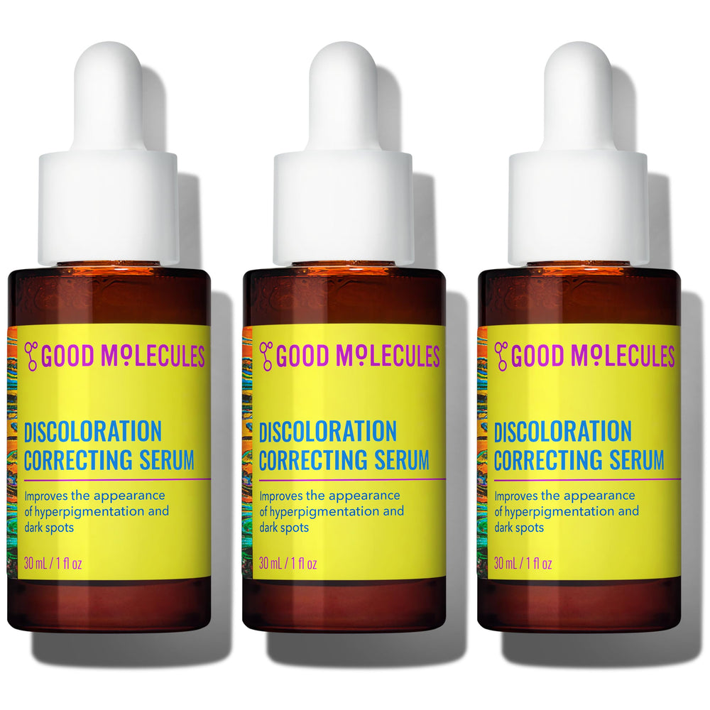 Good Molecules Discoloration Correcting Serum Pack 3 bottle pour for easy, quick absorption.