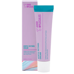 Good Molecules Gentle Retinol Cream bottle closeup highlights sleek packaging for nightly skincare.