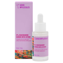 Good Molecules Niacinamide Serum with Ectoin bottle demonstrates a hydrating, pore-minimizing formula.
