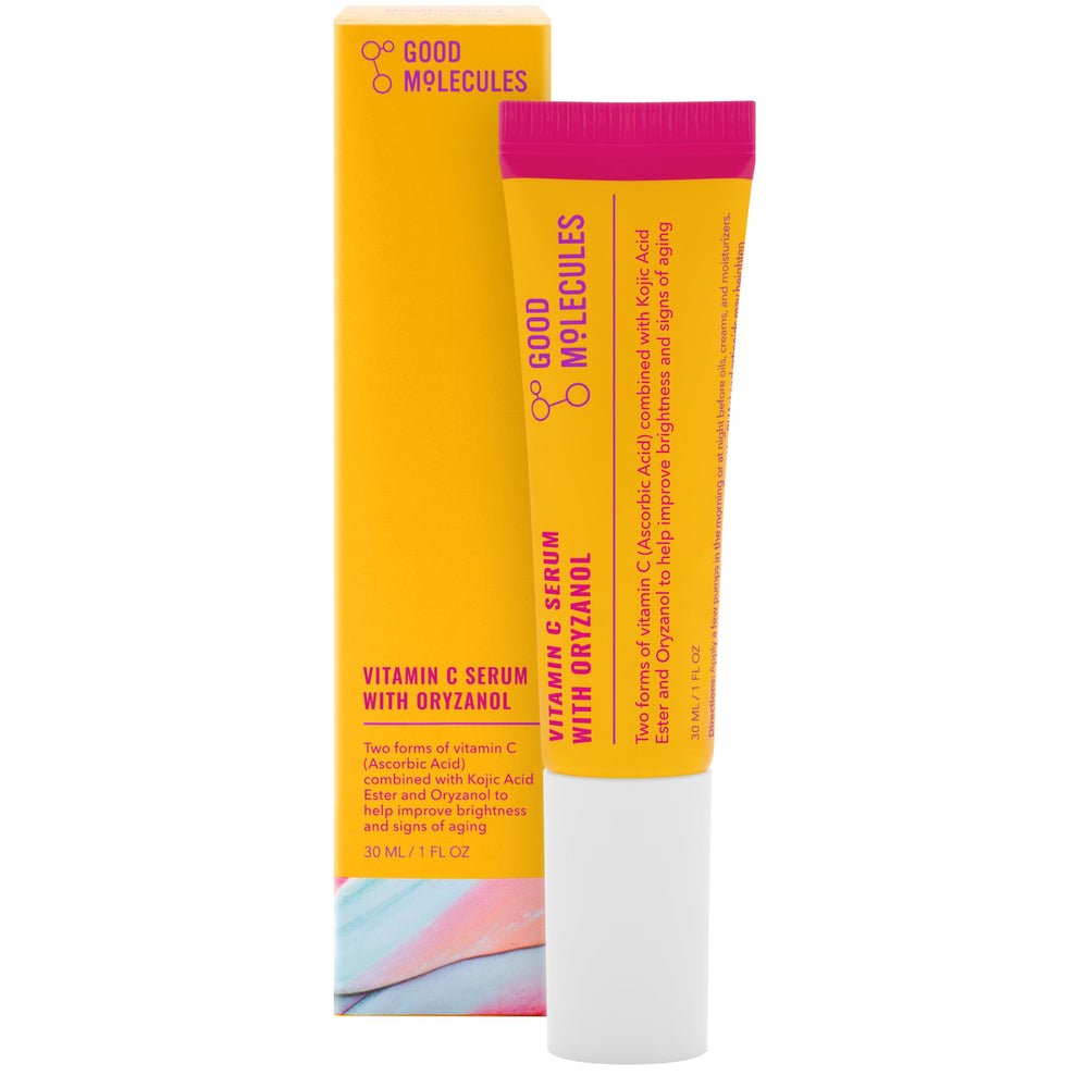 Good Molecules Vitamin C Serum with Oryzanol bottle on counter promotes even skin tone.