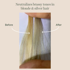 GOOD&ALL Purple Shampoo application close-up, repairing and hydrating stressed strands.