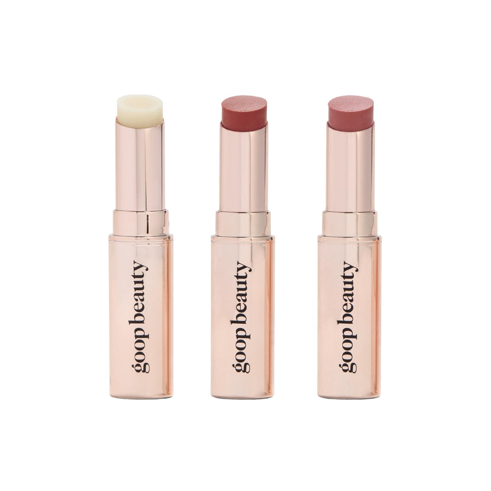Goop Beauty Lip Balm Trio clear glide for daily moisture.