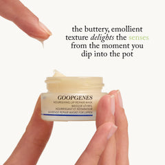 Close-up of lips after applying Goop Lip Repair Mask with lasting hydration.
