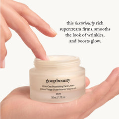 Goop Nourishing Face Cream jar close-up shows whipped texture.