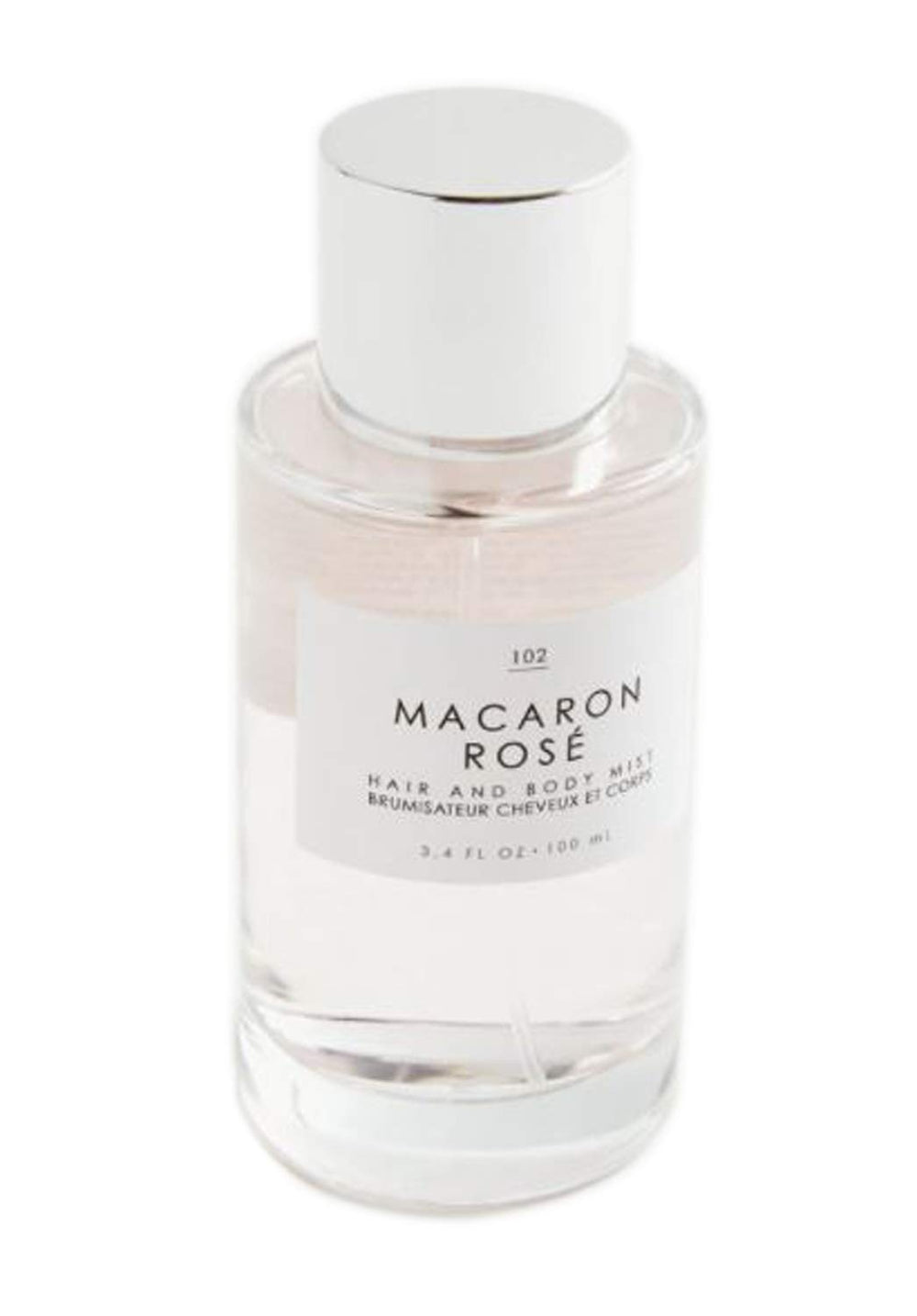 Gourmand Macaron Rose bottle pour, long-lasting floral scent for hair and body.