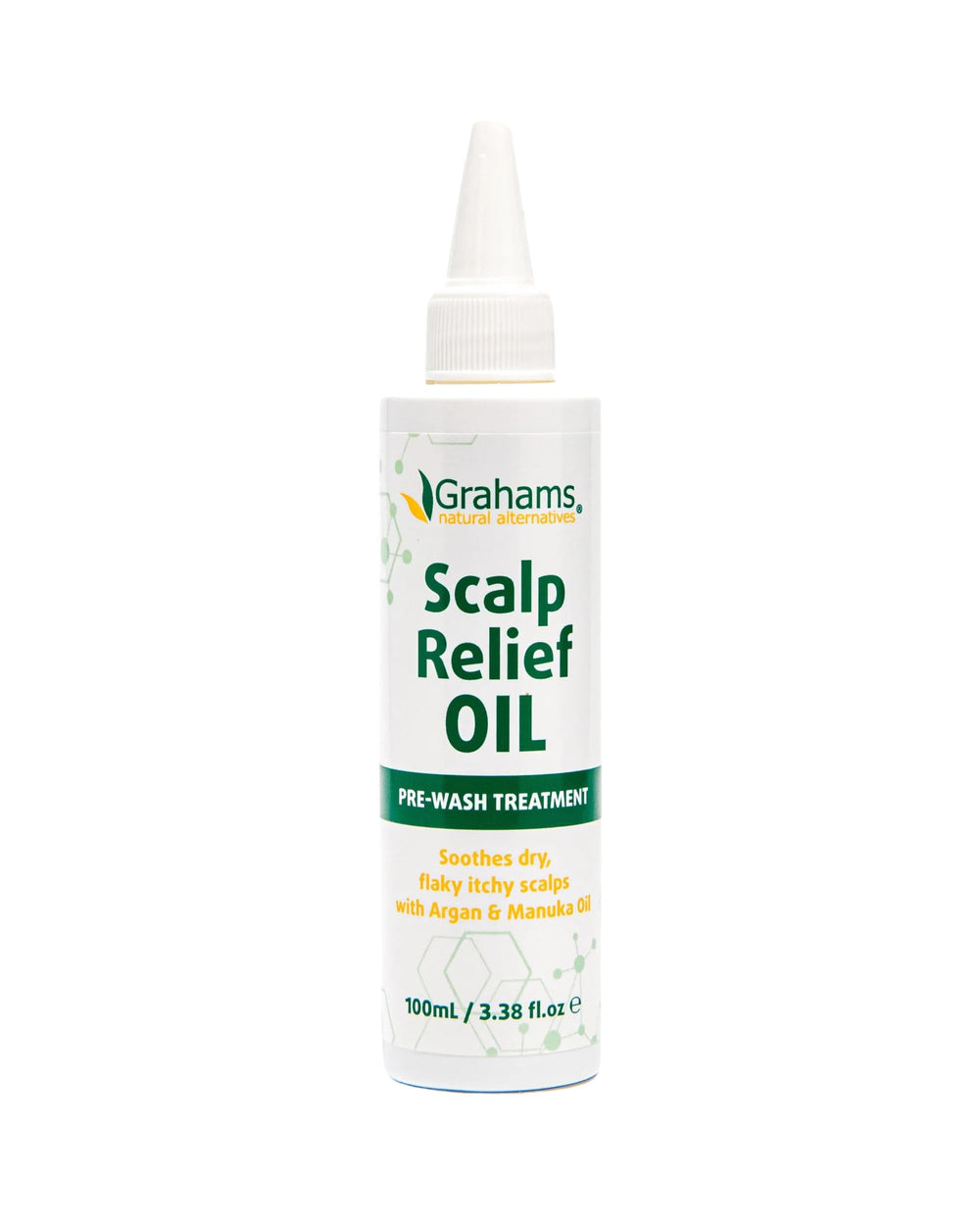 Grahams Natural Scalp Relief Oil bottle closeup for soothing scalp care.