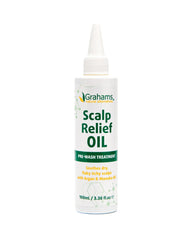 Grahams Natural Scalp Relief Oil bottle closeup for soothing scalp care.