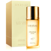 Gratiae Organic Lifting Facial Serum bottle demonstrates a lightweight, fast-absorbing formula for all skin types.