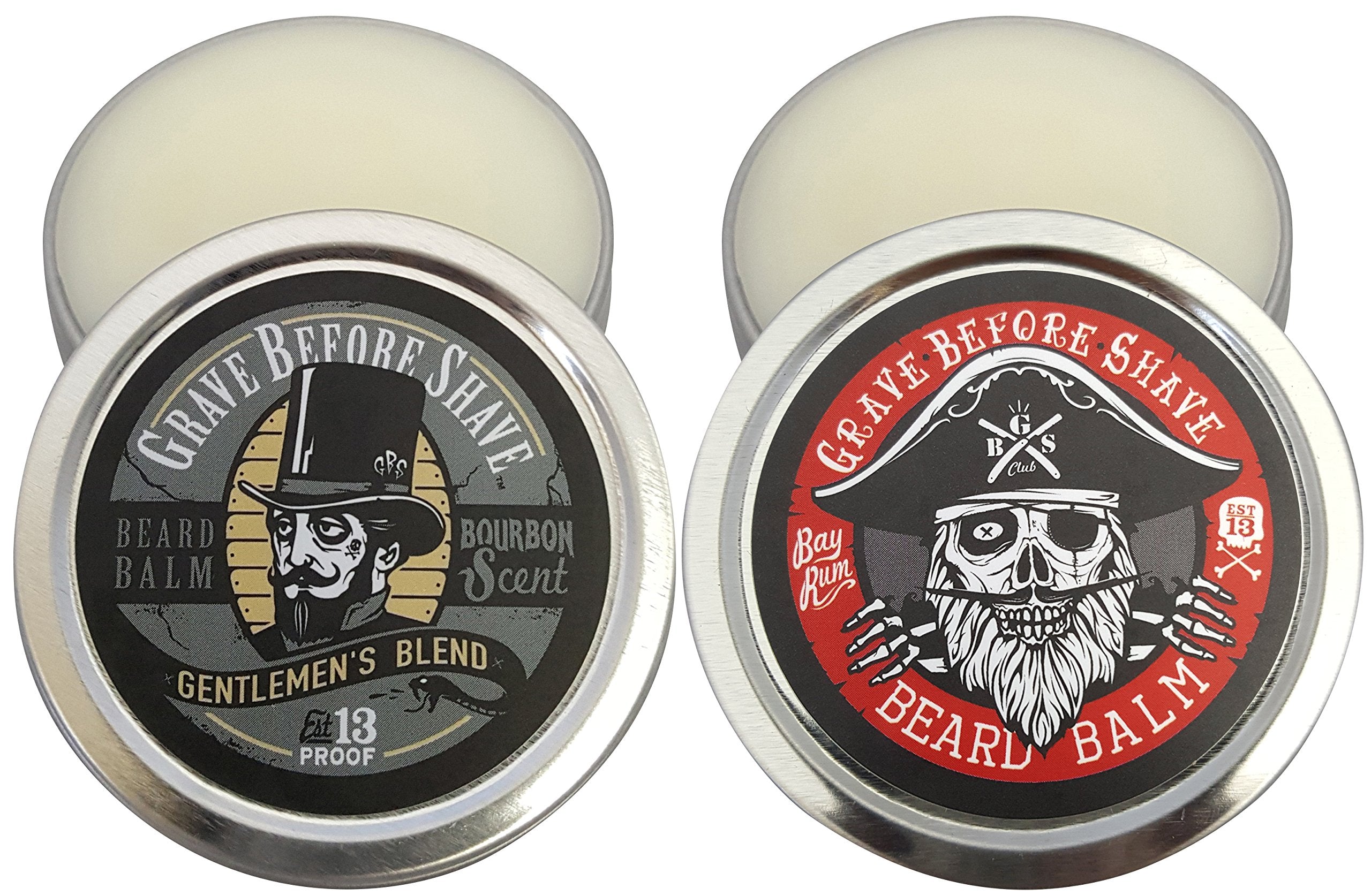 Grave Before Shave Top Shelf Bourbon and Bay Rum beard balm dual pack tins close-up for conditioning.