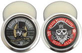 Grave Before Shave Top Shelf Bourbon and Bay Rum beard balm dual pack tins close-up for conditioning.