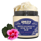 Grazly Whipped Bison Tallow Balm with Rose Geranium jar for non-greasy face and body hydration