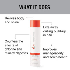 Great Clips Solutions Clarifying Shampoo swimmer scene; restores body and shine after chlorine exposure.