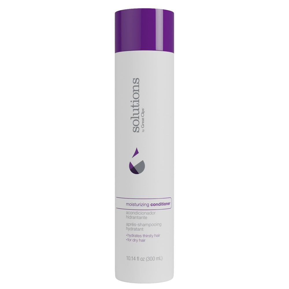 GREAT CLIPS Solutions Moisturizing Conditioner bottle front promotes nourishing care for dry hair.