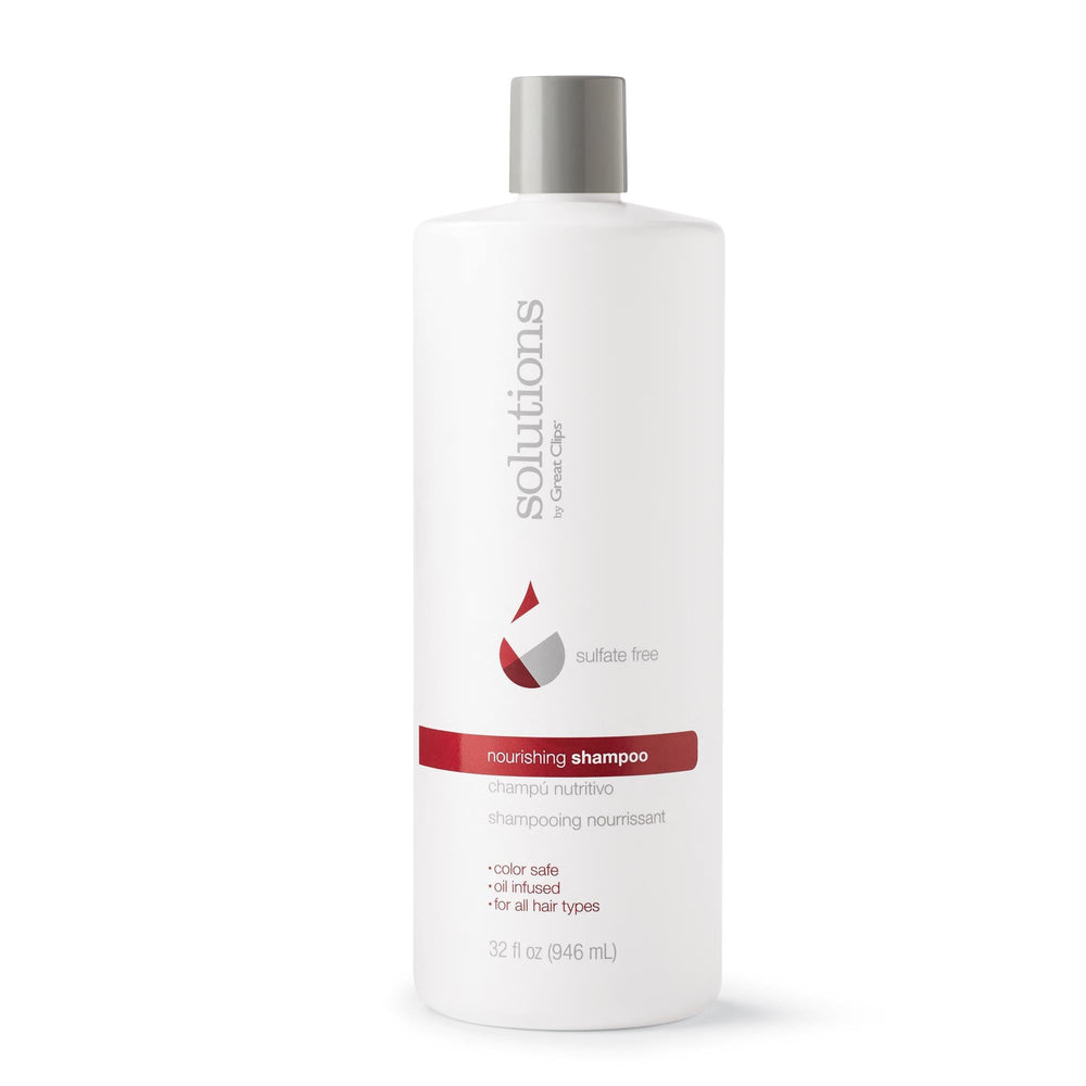 Great Clips Solutions Nourishing Shampoo bottle pour for gentle cleansing and color-safe care.
