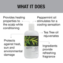 Label close-up shows tea tree and peppermint oils for a cooling scent.