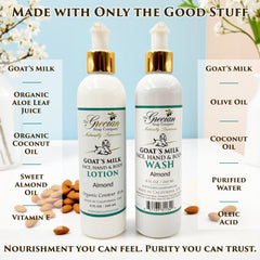 The Grecian Goat Milk Body Wash almond-pump cleanses with gentle lather.