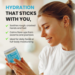 Person applying Green Goo Dry Skin Salve to hand for daily moisture.