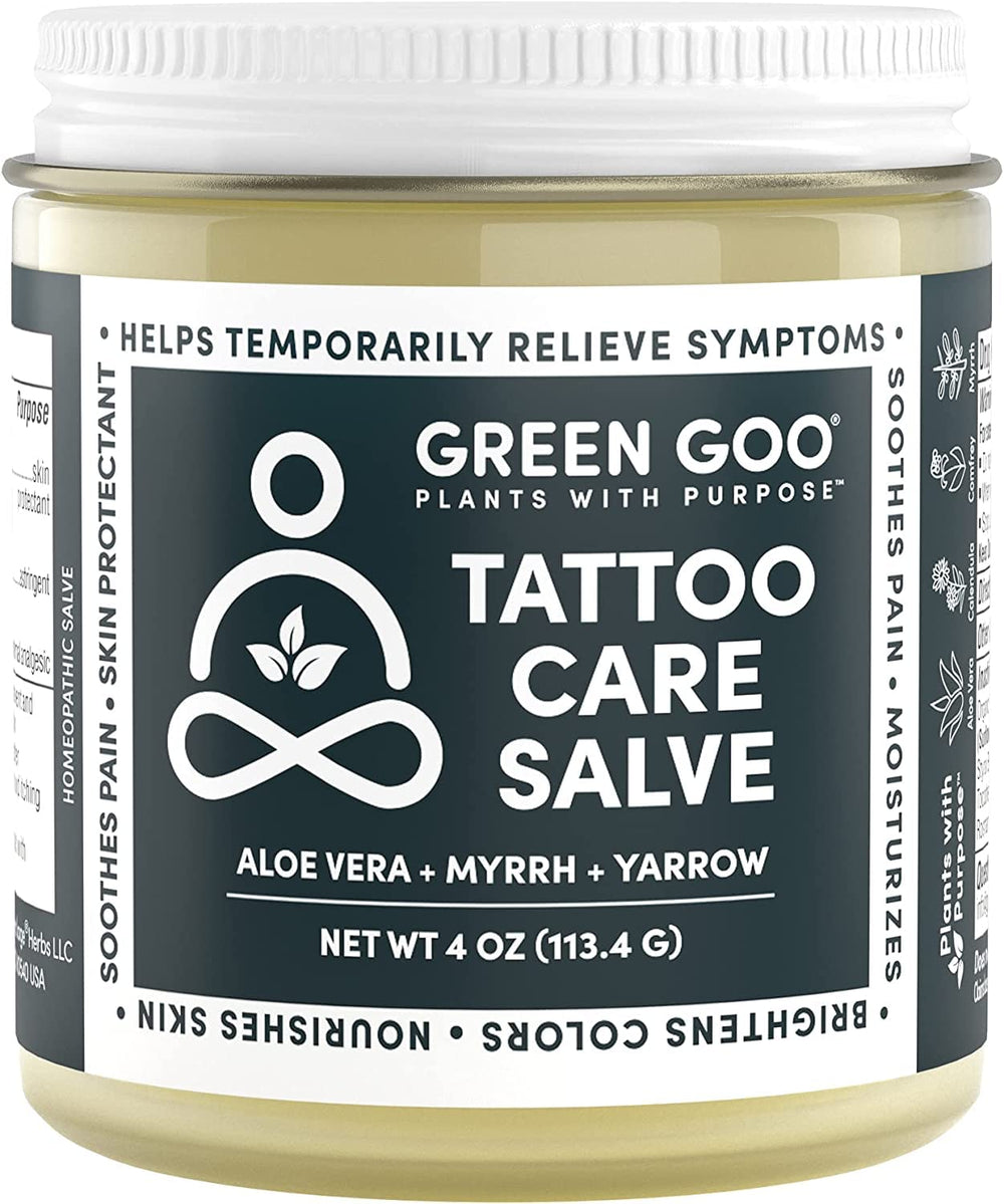 Green Goo Tattoo Care ointment jar for soothing new tattoos and color preservation
