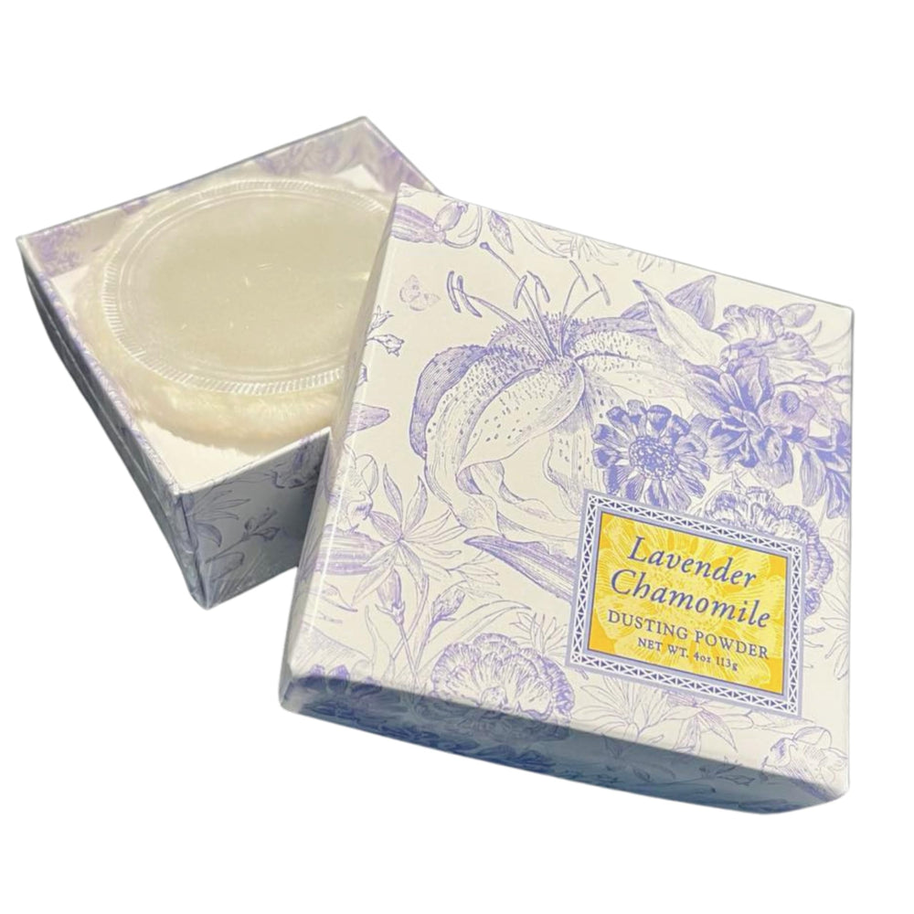 Greenwich Bay Lavender Chamomile Dusting Powder jar with calming scent for daily refreshment