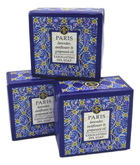 Greenwich Bay Paris Exfoliating Spa Soap square bar with lavender buds for gentle exfoliation.