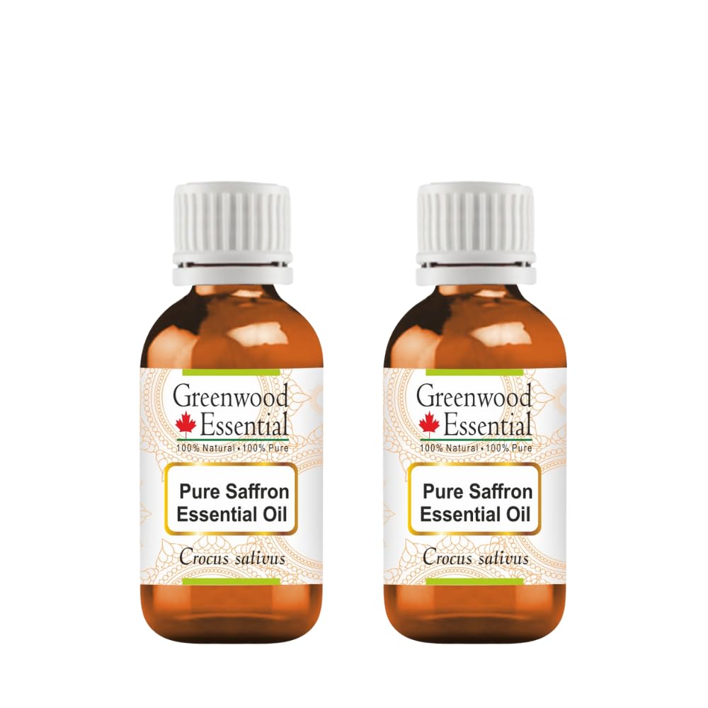 Greenwood Essential saffron oil bottle in amber glass ideal for daily skincare with dilution.