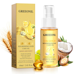 GREEONIL 24K Gold Serum bottle with pump for smooth, frizz-free hair.