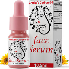 Greska's Carbon-60 serum bottle offering quick-absorbing hydration and antioxidant protection.