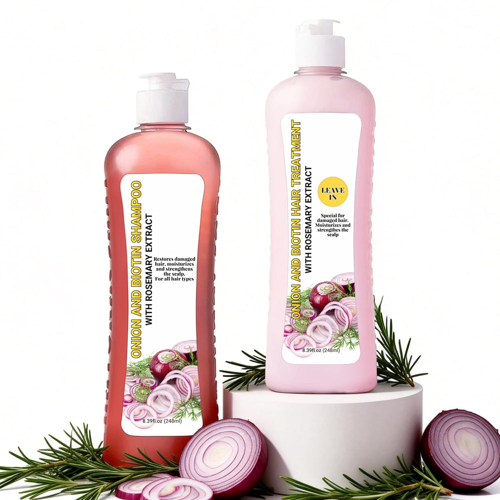 GROEI onion biotin rosemary shampoo bottle cleanses and strengthens hair strands.