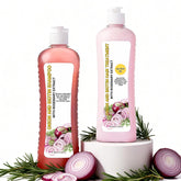 GROEI onion biotin rosemary shampoo bottle cleanses and strengthens hair strands.