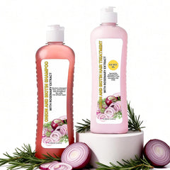 GROEI onion biotin rosemary shampoo bottle cleanses and strengthens hair strands.