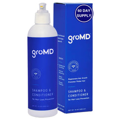 GroMD biotin shampoo bottle with argan oil for stronger hair.