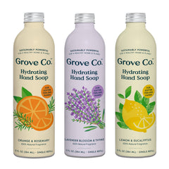 Grove Co. Lemon-Eucalyptus refill showing hydrating aloe for soft hands.