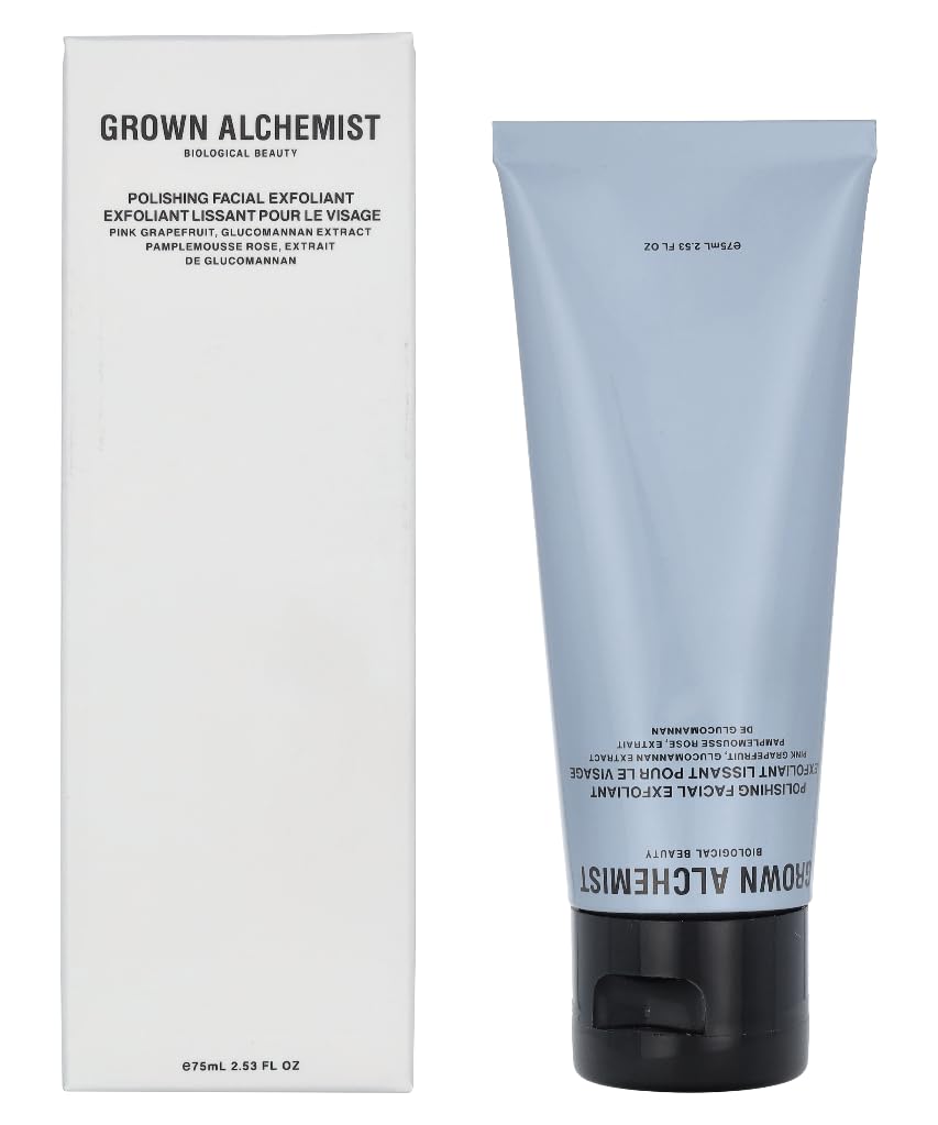 Grown Alchemist exfoliant bottle with pink grapefruit for gentle radiance.