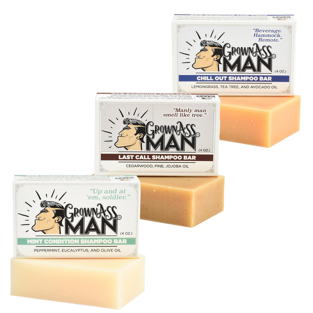 Grown Ass Man Co. solid shampoo bar label close-up highlighting rich lather and essential oils.