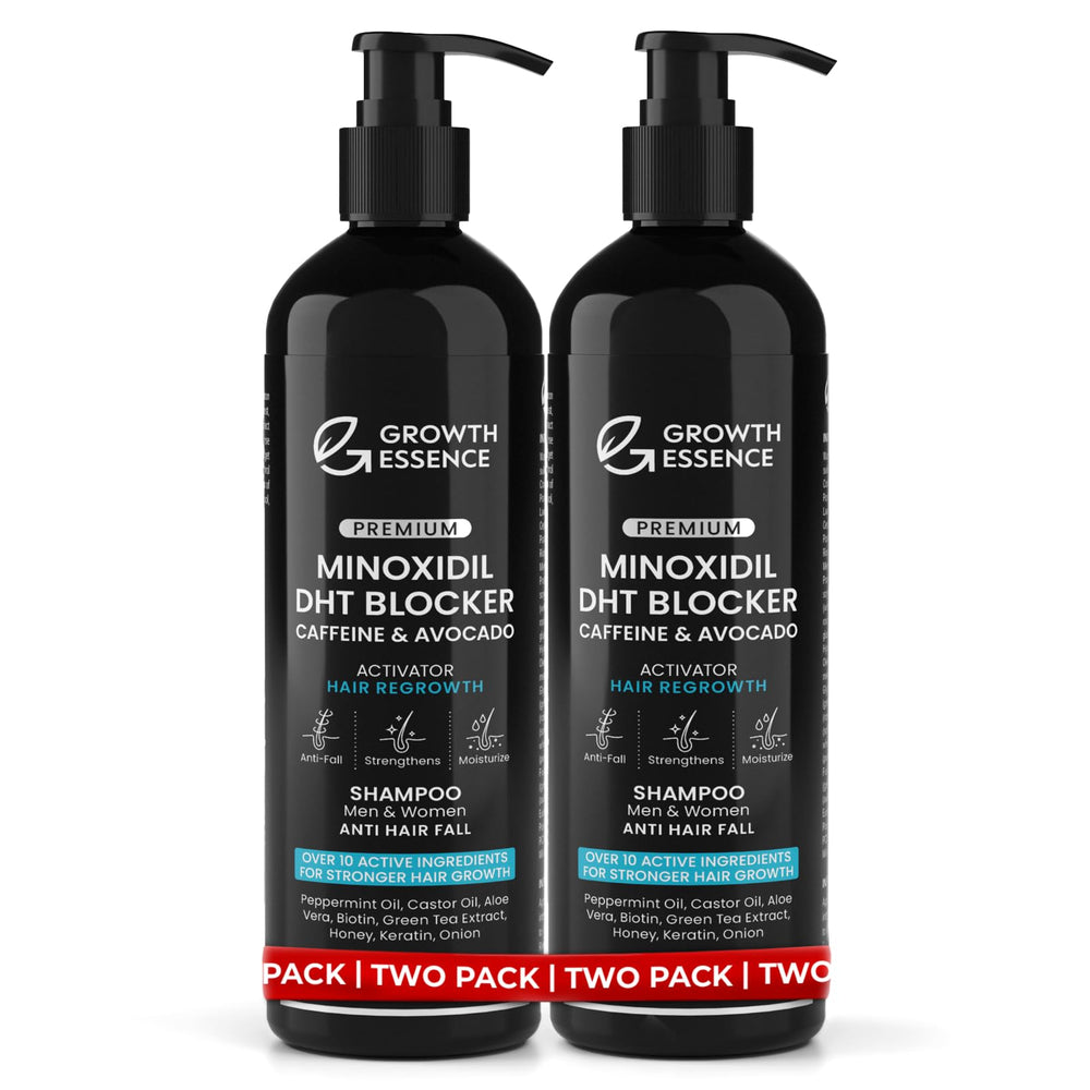 Growth Essence Twopack Thickening Shampoo bottle highlighting daily-use design