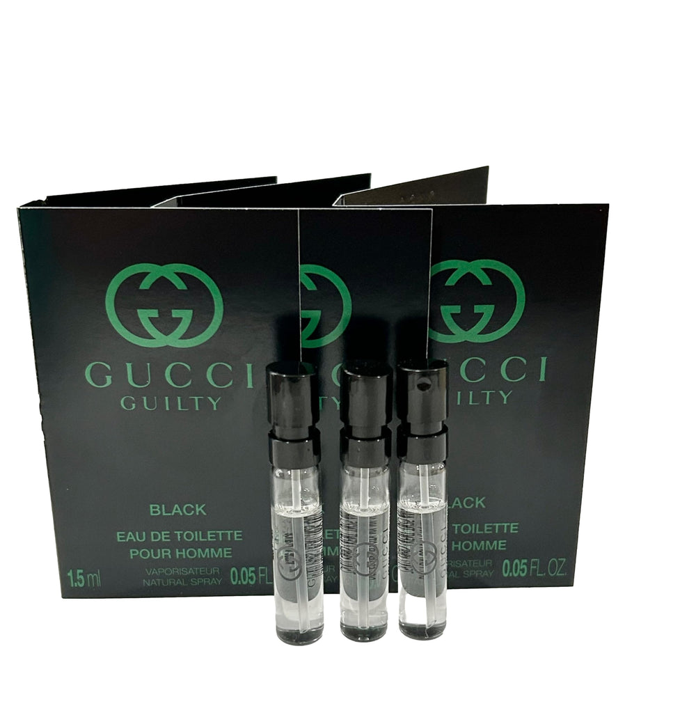 Gucci Guilty Black sample bottle front view, ideal for testing on the go.