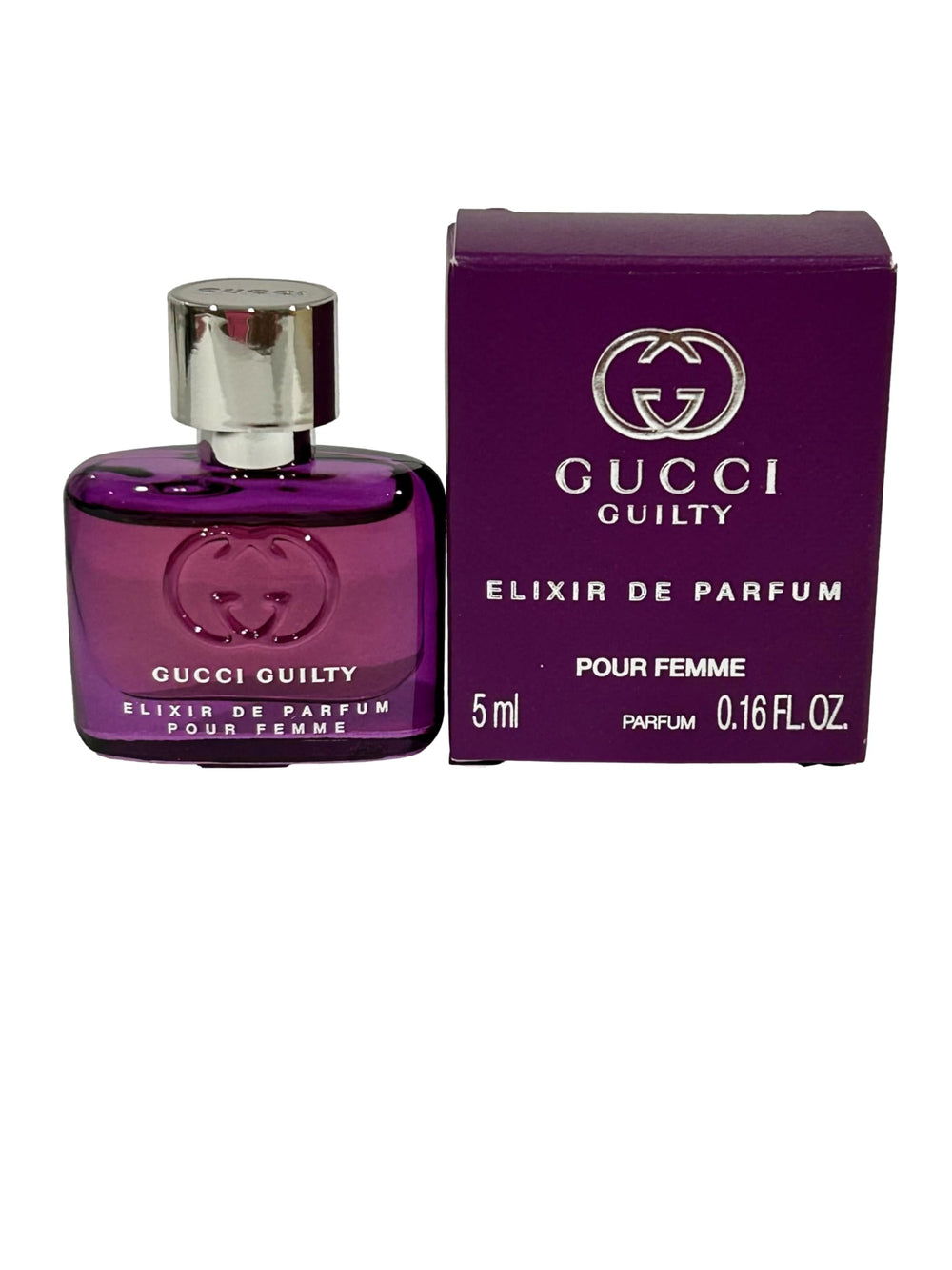 Gucci Guilty Elixir mini bottle front view for on-the-go elegance and discreet touch-ups.
