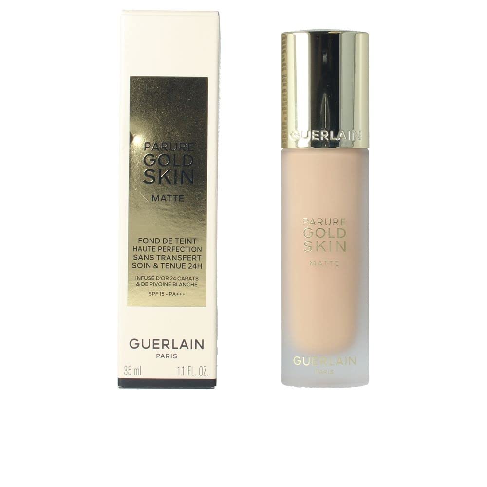 Guerlain Parure Gold foundation bottle close-up with matte finish for all-day wear.