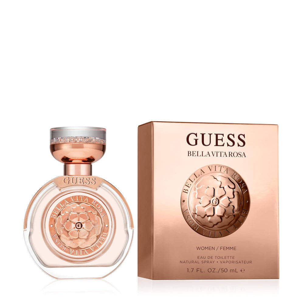 GUESS Bella Vita Rosa bottle front view, a chic fruity floral fragrance for daily wear.