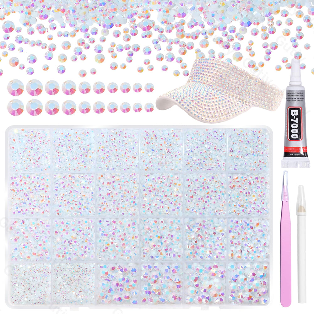 Gutiy 21000pcs white AB rhinestones kit organizer shows sorted sizes for easy crafting.
