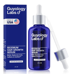 Guyology Labs Biotin Hair Growth Serum bottle on a clean surface, promoting fuller hair.
