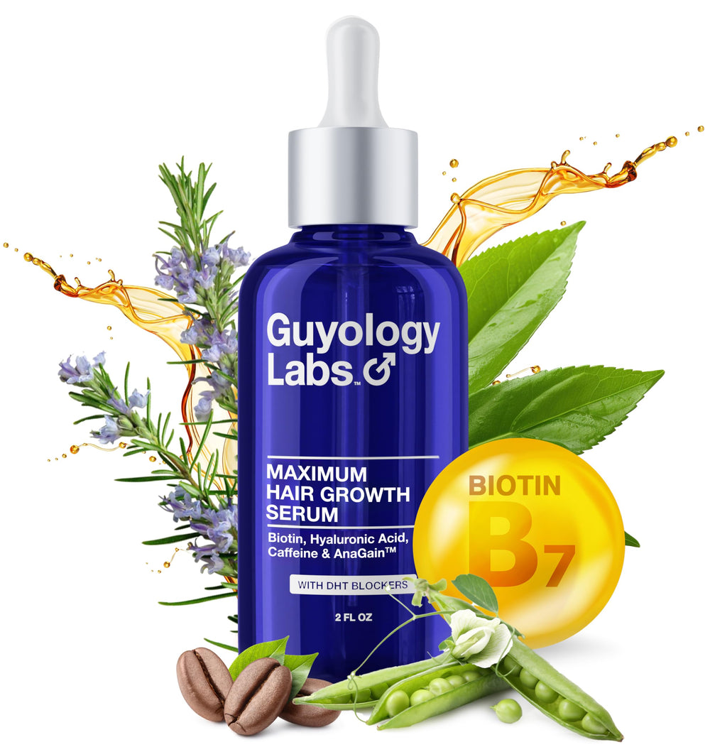 Guyology Labs Hair Growth Serum bottle close-up for easy at-home use